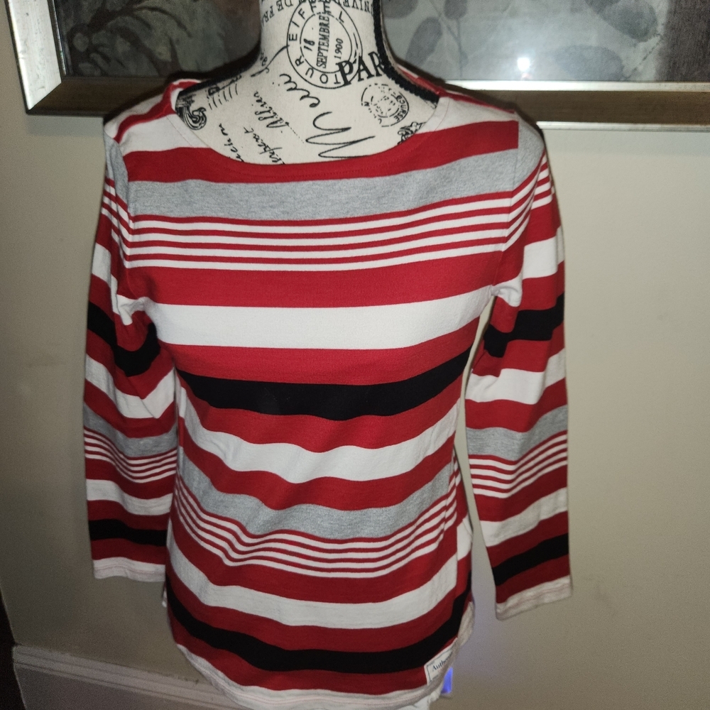 Talbots Red, Black, and Gray Striped Long Sleeve Top